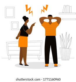 Adult african man and woman quarrel. Concept of family conflicts, resentment, aggression, divorce. Husband and wife scream and swear. Flat vector illustration isolated.