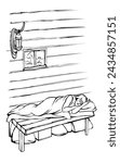 Adult age needy poor rural Jew guy fall hold cottage wall lamp bench bag sheet Retro hand drawn ill sick tired Jewish Jonah stress girl calm Noah's ark hut night sea ocean storm flood story art sketch