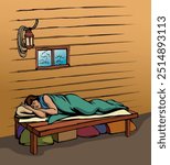 Adult age needy poor rural Jew guy fall hold cottage wall lamp bench bag sheet Retro hand drawn ill sick tired Jewish Jonah stress girl calm Noah's ark hut night sea ocean storm flood story art sketch