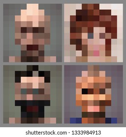 Adult anonymous pixel face, vector illustration set