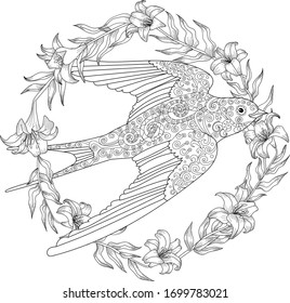 Adult anti stress coloring page with flying swallow and a wreath of lilies.