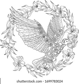 Adult anti stress coloring page with flying dove and a wreath of lilies.