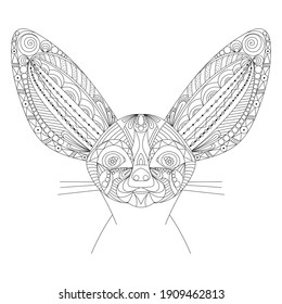 Adult anti stress Coloring Page with high details isolated on white background- Fennec
