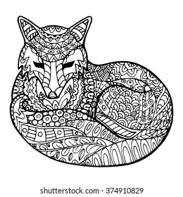 Adult anti stress Coloring Page with high details isolated on white background-  fox