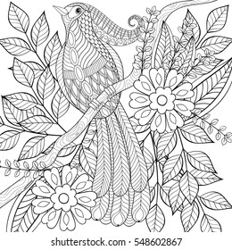 Adult anti stress coloring page, hand drawn zentangle exotic tropical bird sitting on blooming tree branch with cute flowers for book, art therapy, greeting card, decoration element