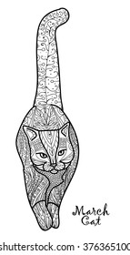 Adult antistress coloring illustration.The march cat. Painted the cat black and white image. Hand drawn doodle,  coloring book, coloring pages, coloring outline, line art coloring  