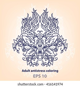 Adult anti-stress coloring. Ornamental deer head on a simple background. Outline drawing of a deer head. Beautiful tattoo outline design and printing.