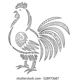 Adult antistress coloring page with chicken. Black white hand drawn doodle bird. Symbol of the New 2017 Year of the Rooster. Sketch for tattoo, poster, print, t-shirt in zentangle style. Vector.