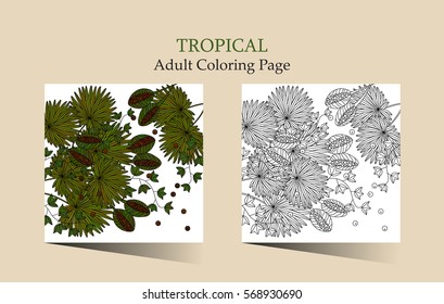 Adult antistress coloring page. Vector cards with tropic plants - palm leaves, seeds, nuts and ivy. Can be used for Invitation to the wedding or background.
