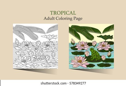 Adult antistress coloring page with water lily alm leaves and the Frog. Cards with lotus leaves. Can be used for Invitation to the wedding or background.