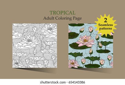 Adult antistress coloring page with water lily - seamless pattern. Cards with lotus leaves. Can be used for Invitation to the wedding or background.