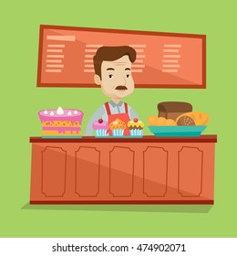 An adult bakery worker offering different pastry. A bakery worker standing behind the counter with cakes at the bakery. Man working at sweet-shop. Vector flat design illustration. Square layout.
