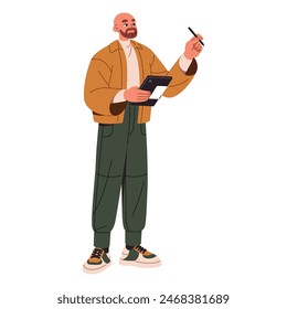 Adult bald man stands, holds tablet in hand. Bearded employee takes notes in digital device using electronic pen. Stylish business worker with modern gadget. Flat isolated vector illustration on white