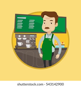 An adult barista sanding in front of coffee machine. Caucasian barista working at coffee shop. Barista making a cup of coffee. Vector flat design illustration in the circle isolated on background.