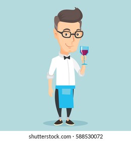 Adult bartender holding a glass of wine in hand. Bartender at work. Waitress looking at glass of red wine. Smiling bartender examining wine in glass. Vector flat design illustration. Square layout.