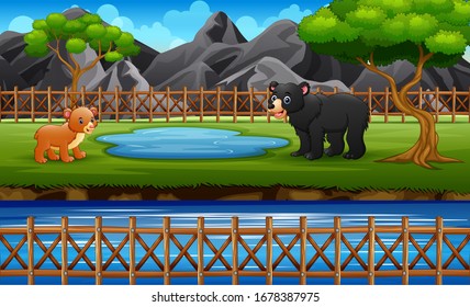 Adult bear and baby bear at the watering near the river