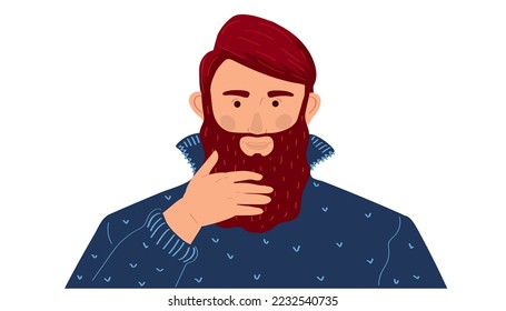 Adult beard man face portrait vector illustration. Hipster stylish model man pullover character with hands holding beard and mustache. Male face portrait