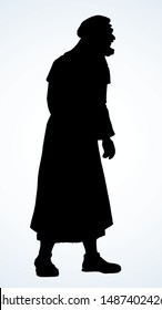 Adult beard nomad wanderer go to worship. Aged middle east judaic jesus christ rabbi preacher apparel: shemagh hat, robe, thobe. Dark black ink hand drawn human logo sign icon in retro contour style