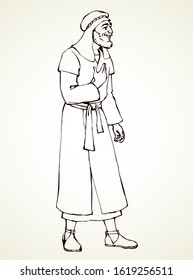 Adult beard nomad wanderer go to worship. Aged middle east judaic jesus christ rabbi preacher apparel: shemagh hat, robe, thobe. Line black ink hand drawn human sign icon sketch in retro cartoon style
