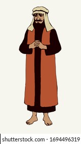 Adult beard nomad wanderer go to worship. Aged middle east judaic jesus christ rabbi preacher apparel: shemagh hat, robe, thobe. Line black ink hand drawn human logo sign icon in retro cartoon style