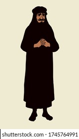Adult beard nomad wanderer go to worship. Aged middle east judaic jesus christ rabbi preacher apparel: shemagh hat, robe, thobe. Line black ink hand drawn human logo sign icon in retro cartoon style