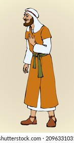 Adult beard nomad wanderer go to worship. Aged middle east judaic jesus christ rabbi preacher apparel: shemagh hat, robe, thobe. Line black ink hand drawn human logo sign icon in retro cartoon style