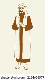 Adult beard nomad wanderer go to worship. Aged middle east judaic jesus christ rabbi preacher apparel: shemagh hat, robe, thobe. Line black ink hand drawn human logo sign icon in retro cartoon style