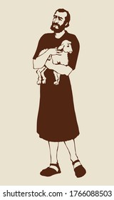 Adult beard retro antique medieval nomad herdsman hold little fluffy goat pet in judaic biblic garment robe, boots. Lone hand drawn logo pictogram icon sign in art vintage style on white background