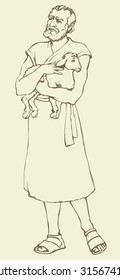 Adult bearded historic medieval herdsman holding little goat for sacrifice, in antiquity middle east judaic biblical attire: robe and boots. Vector contour ink drawn sketch in retro style pen on paper