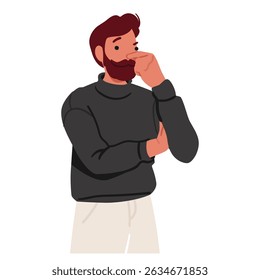 Adult bearded man cartoon character feeling uncomfortable strong bad breathing covering nose vector illustration. Portrait of annoyed guy suffering from stink expressing disgust facial emotion