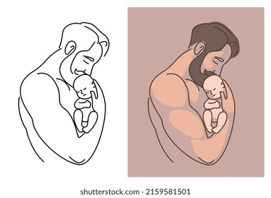 A adult bearded man  father  gently holds newborn baby in his arms  hugs him  Line drawing 