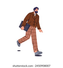 Adult bearded man hurry, goes. Oldfashioned professor of university carries documents. School teacher in checkered trousers holds folder in hand. Flat isolated vector illustration on white background