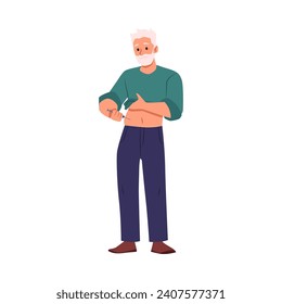 Adult bearded man making self injection in stomach flat style, vector illustration isolated on white background. Decorative design element, healthcare and treatment