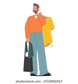 Adult bearded man shopper cartoon character holding t-shirt waiting to pay for purchases vector illustration. Male buyer choosing new seasonal garment while shopping in fashion apparel boutique