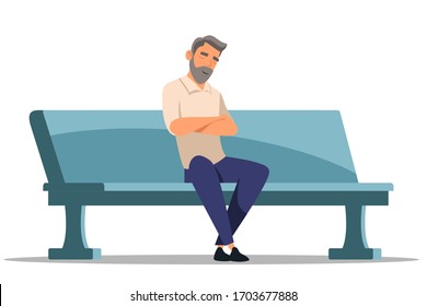 Adult bearded man sleeping sitting on park bench. Lonely hipster character take nap. Guy rest during outdoor walk. Tired, overworked sleepy human person isolated on white background. Daydreaming