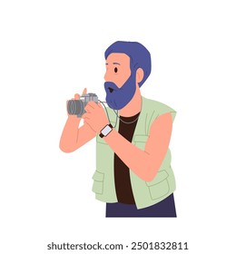 Adult bearded man tourist isolated cartoon character photographing sightseeing during excursion