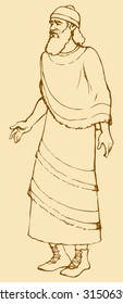 Adult bearded noble chaldean in antiquity middle east Aramean biblical garb: linen tunic kaunakes with ritual fringes, leather boots with laces. Vector ink drawn sketch in art retro style pen on paper