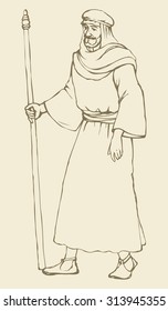 Adult bearded wanderer go to worship with old stick in antiquity middle east judaic biblical attire: shemagh, robe, thobe. Vector contour ink drawn sketch in art retro style pen on paper