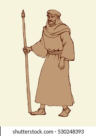 Adult bearded wanderer go to worship with old stick in antiquity middle east judaic biblical attire: shemagh, robe, thobe. Outline ink hand drawn picture sketch in art retro graphic style pen on paper