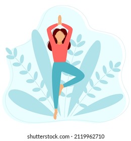 Adult beautiful girl stands in balance pose. Woman doing yoga concept. Young lady relaxing, love and care for yourself vector illustration