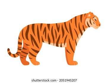 Adult big Asian tiger wildlife, profile view. Cartoon Chinese animal tiger, symbol new year 2022. Vector illustration