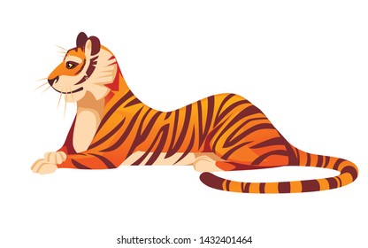 Adult big red tiger lies on ground wildlife and fauna theme cartoon animal design flat vector illustration isolated on white background