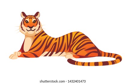 Adult big red tiger lies on ground wildlife and fauna theme cartoon animal design flat vector illustration isolated on white background