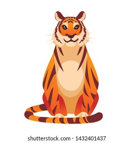 Adult big red tiger sit on ground wildlife and fauna theme cartoon animal design flat vector illustration isolated on white background front view