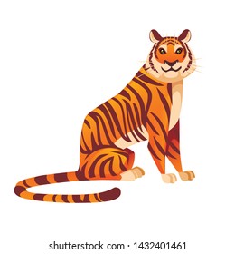 Adult big red tiger sit on ground wildlife and fauna theme cartoon animal design flat vector illustration isolated on white background
