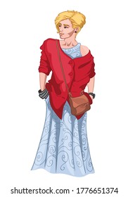 Adult blonde woman in light blue dress, red jacket, with a bag on her shoulder. Elegant and stylish Vector