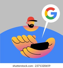 Adult Boy is looking for information through the Google search engine on his phone. Card, cover, web banner, poster for social media. Flat vector illustration.