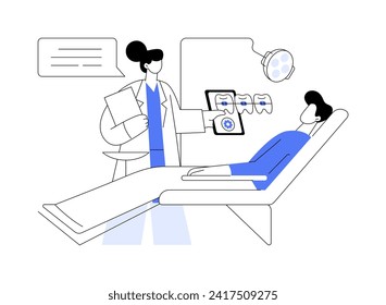 Adult braces consultation abstract concept vector illustration. Adult patient consulting with orthodontist, dental health, oral medicine, preparation for brackets installation abstract metaphor.