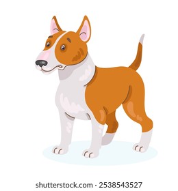 Adult bull terrier dog red and white color. In cartoon style. Isolated on white background. Vector flat illustration.