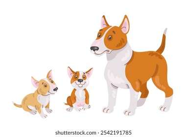 Adult bull terrier dog and two funny puppies. In cartoon style. Isolated on white background. Vector flat illustration.